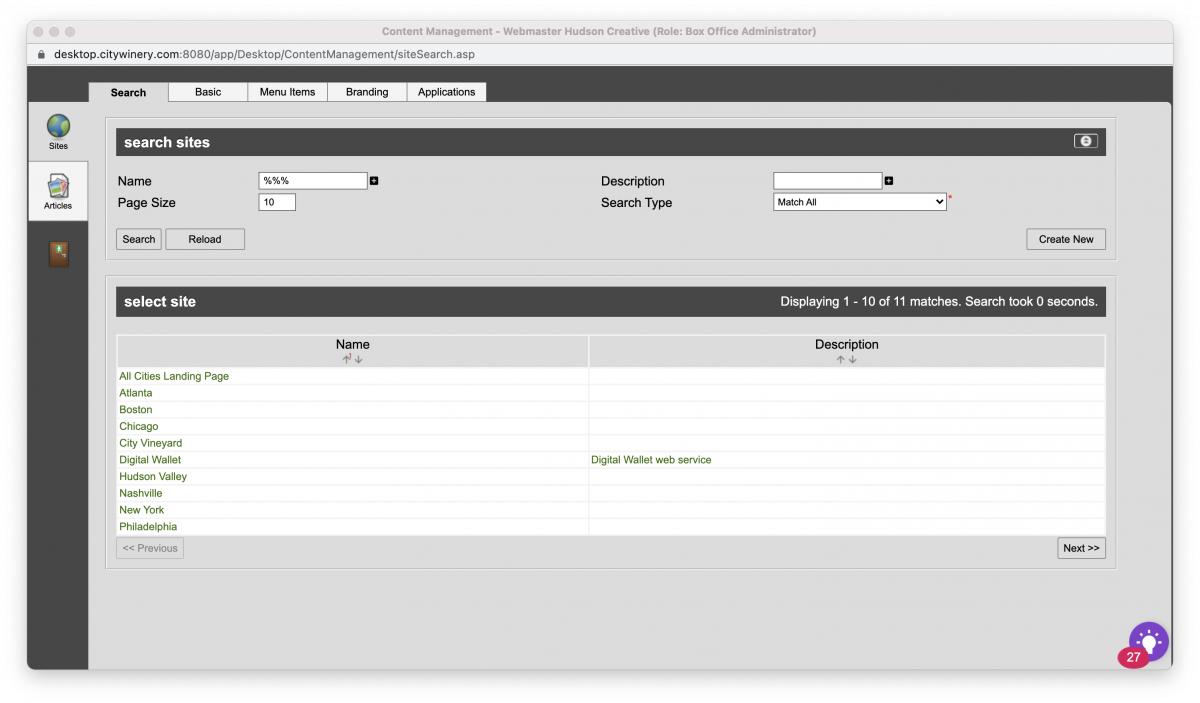 City Winery Content Manager Sites Tab