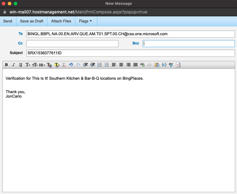 BingPlaces Chat Screenshot5 Sending The Email