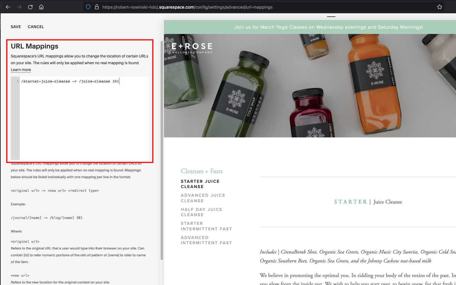 Squarespace 301 redirect formatting